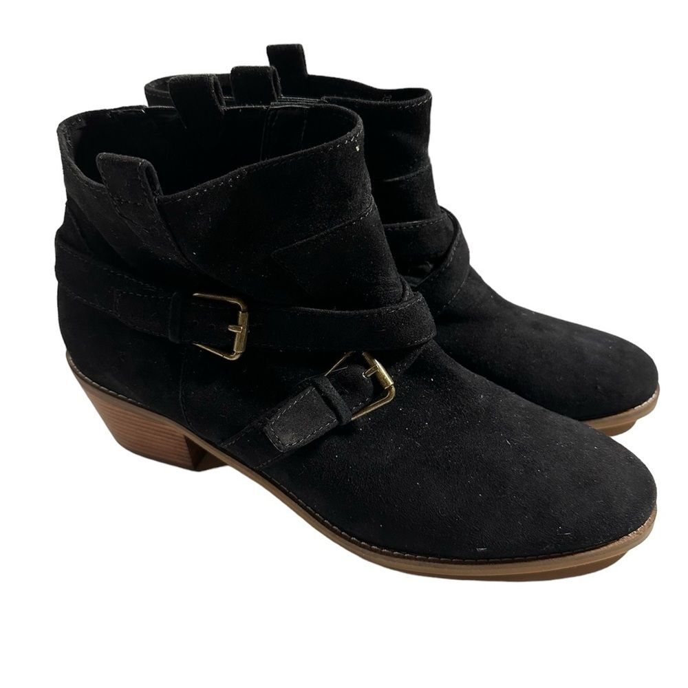 Cole Haan Grandos Size 11B Suede Leather Ankle Booties Black Buckle Heels NWOB
